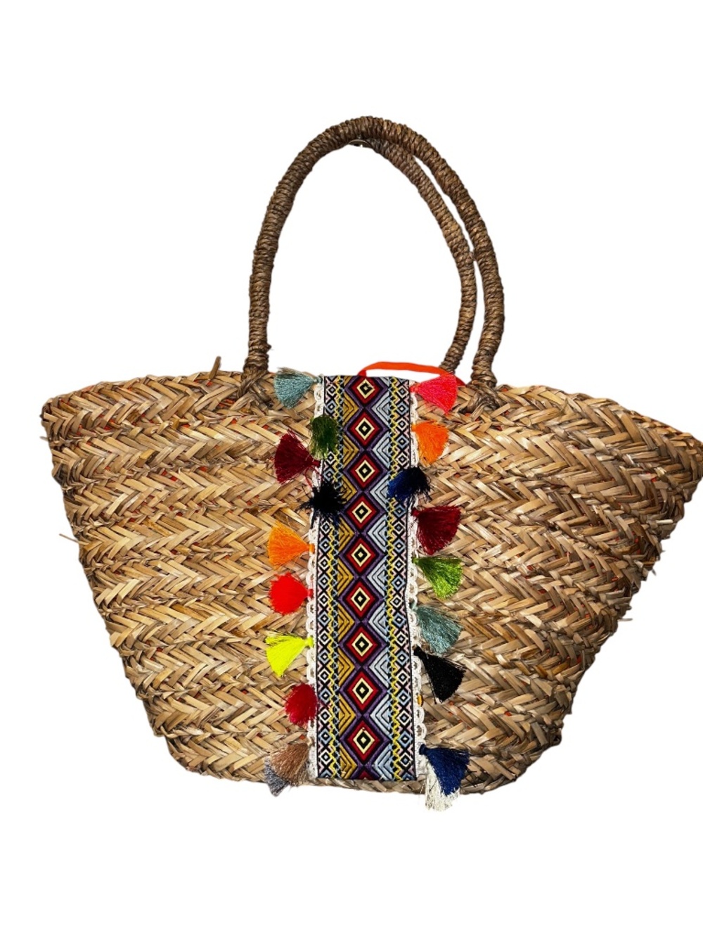 French Market straw tassels aztec band orange cotton lined basket tote bag purse